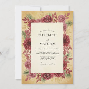 Invitación Boda Vintage de Flor de Pino de Borgoña