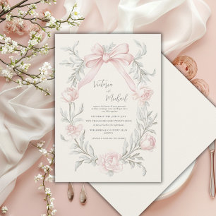 Invitación Boda Vintage de Flor de Salvia Verde con Lazo Rosa