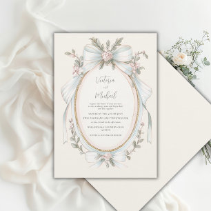 Invitación Boda Vintage de Flor de Salvia Verde Rosa Azul