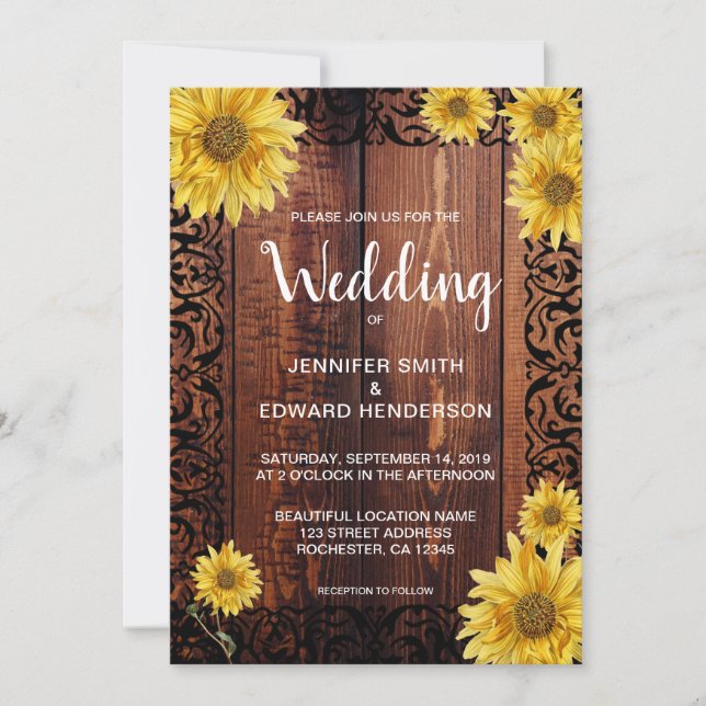 Invitación Boda vintage de girasoles de madera rústica (Anverso)