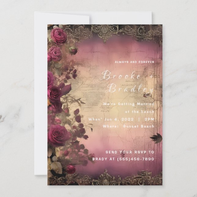 Invitación Boda Vintage de Pergamino y Rosa (Anverso)