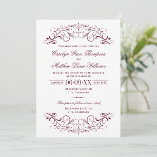 Invitación Boda Vintage de Plata y Borgoña con Florecimiento