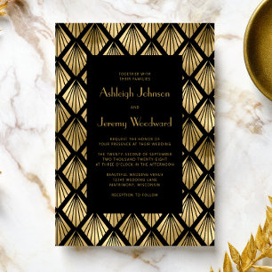 Invitación Boda Vintage Deco Fans Negro Oro Años 20