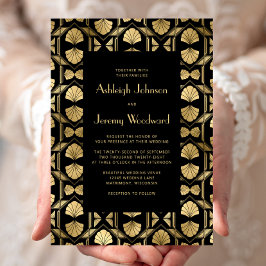 Invitación Boda Vintage Deco Patrón Abanico Negro Oro 1920s