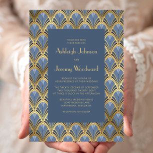 Invitación Boda Vintage Deco Patrón Azul Polvo Oro 1920s