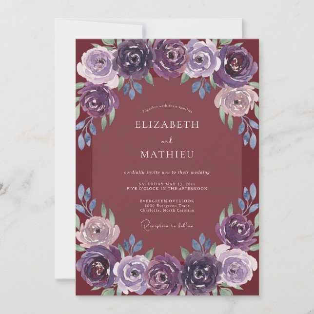 Invitación Boda Vintage Deep Plum Peonía (Anverso)