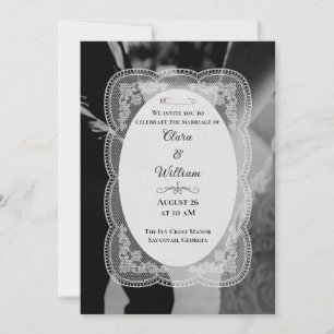Invitación Boda Vintage Elegante Borde de Encaje Azul Marino 