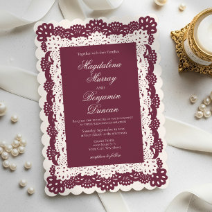 Invitación Boda Vintage Elegante Borgoña Marfil Encaje