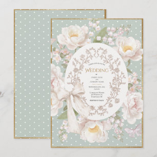 Invitación Boda Vintage Elegante Flor de Peonía en Sage