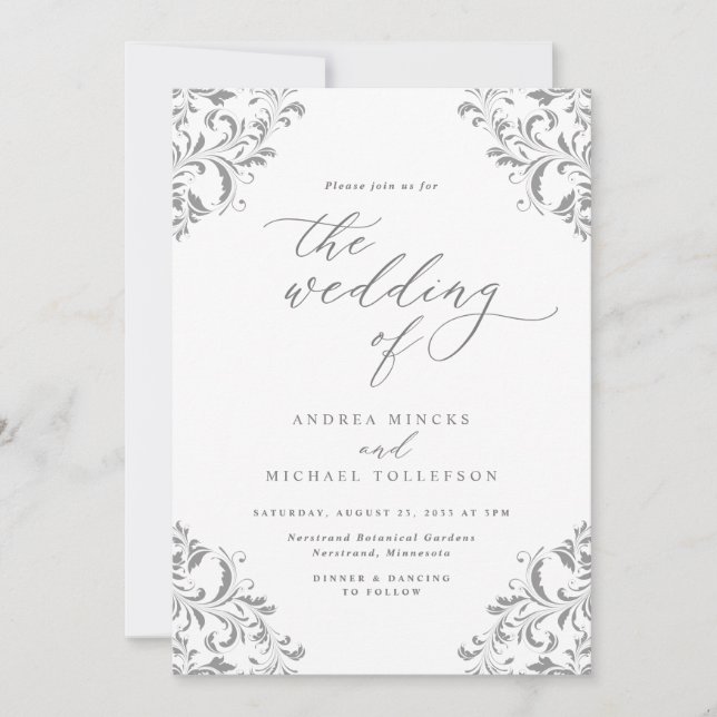 Invitación Boda Vintage Elegante Gris Plateado (Anverso)