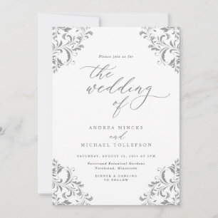 Invitación Boda Vintage Elegante Gris Plateado