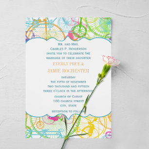 Invitación Boda Vintage estilizada en colores vivos en bicicl