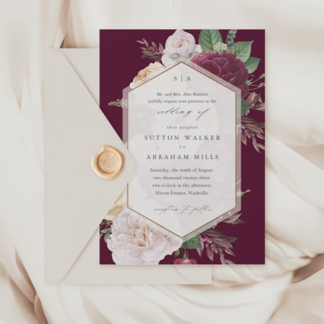 Invitación Boda Vintage Floral (Vintage floral bouquet maroon wedding invitations.)