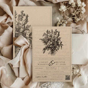 Invitación Boda Vintage Floral Boho Rústica Kraft Cristiana