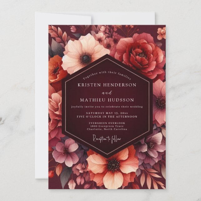 Invitación Boda Vintage Floral Borgoña (Anverso)