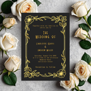 Invitación Boda vintage floral de oro negro