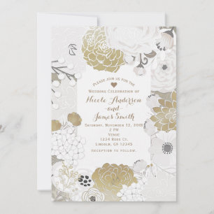 Invitación Boda Vintage Floral Froral Frasco de Oro Blanco