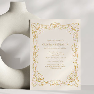 Invitación Boda Vintage Floral Oro Antiguo Art Nouveau