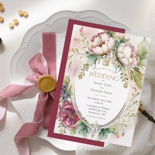 Invitación Boda Vintage Floral Peonía Rosa