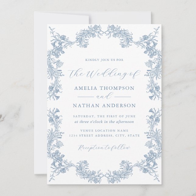 Invitación Boda Vintage Floral Polvo Azul (Anverso)
