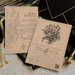 Invitación Boda Vintage Floral Rústica Kraft Todo en Uno