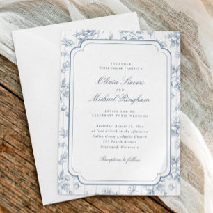 Invitación Boda Vintage Floral Toile Francés Azul Polvoriento