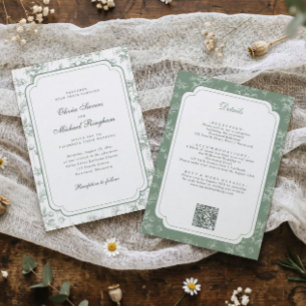 Invitación Boda Vintage Floral Toile Francés Verde Salvia