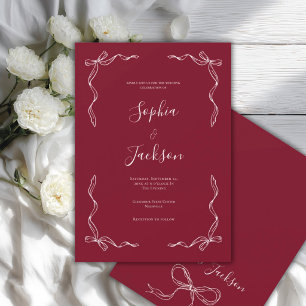 Invitación Boda Vintage Francesa Dibujada a Mano en Rojo Rubí