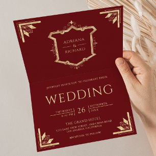 Invitación Boda Vintage Gold Crest Código QR Rojo Granate