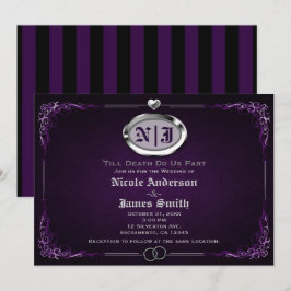 Invitación Boda Vintage Gótica de Halloween Plateada y Púrpur