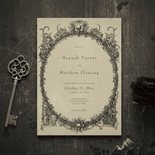 Invitación Boda Vintage Gótico de Toile Negro y Beige