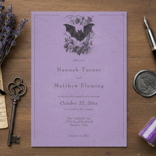 Invitación Boda Vintage Gótico Negro Toile Murciélago Púrpura