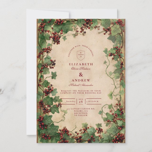 Invitación Boda Vintage Ivy and Berries (Anverso)