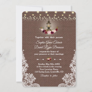 Invitación Boda Vintage Lace Burlap Lantern String Lights