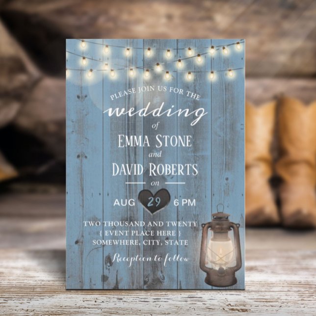 Invitación Boda Vintage Lantern Dusty Blue Barn Wood (Subido por el creador)
