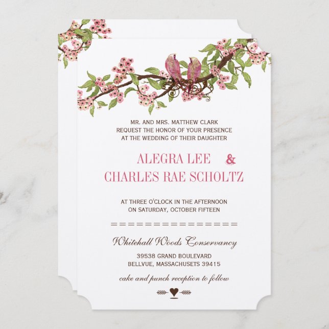 Invitación Boda Vintage Love Bird Pink Cherry Blossom (Anverso / Reverso)