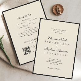 Invitación Boda Vintage Marfil y Negro Todo en Uno Old Money