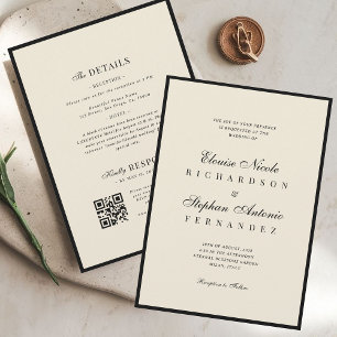 Invitación Boda Vintage Marfil y Negro Todo en Uno Old Money