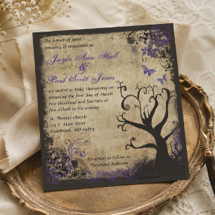 Invitación Boda Vintage Mariposa Púrpura y Árbol