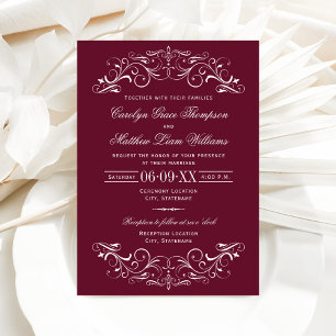 Invitación Boda Vintage Maroon y Silver Flourier