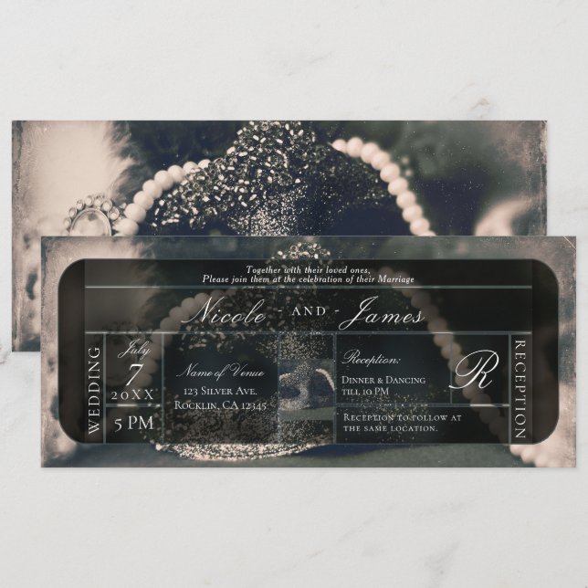 Invitación Boda Vintage Mascarada y Perlas (Anverso / Reverso)