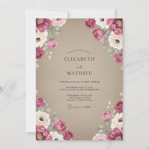 Invitación Boda Vintage Mauve Taupe Ranunculus Eucalipto