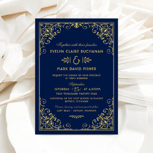 Invitación Boda vintage Midnight Blue y Gold Art Deco