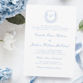 Invitación Boda Vintage Monograma Blanco y Azul Polvo