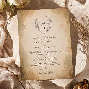 Invitación Boda Vintage Monograma Boho Rústica Elegante