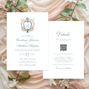 Invitación Boda Vintage Monograma Cresta Floral Todo en Uno