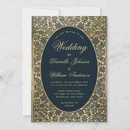 Invitación Boda Vintage Monograma de Hojas Doradas y Azules e
