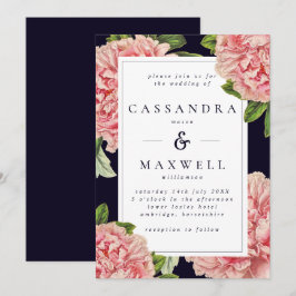 Invitación Boda Vintage Moody de Navy y Peonía Rosa