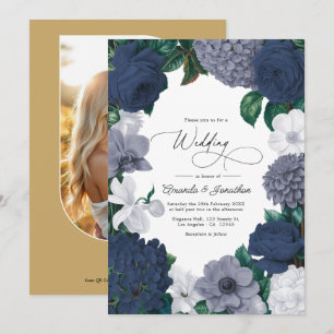 Invitación Boda Vintage Navy, Gris Tormenta y Blanco Porcelan