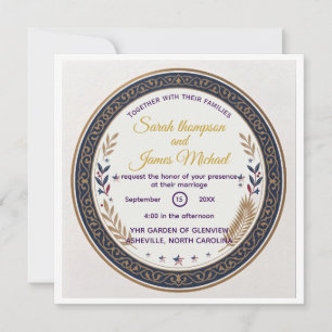 Invitación Boda Vintage Navy y Filigrana Dorada Bandera Ameri